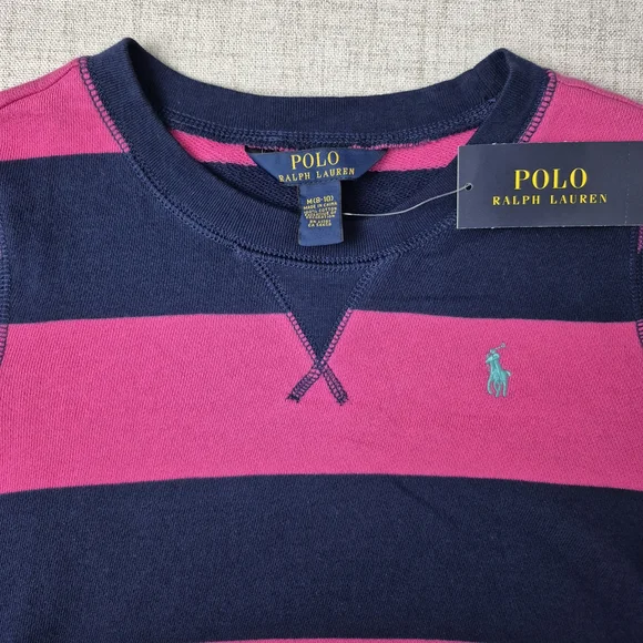 NWT Polo Ralph Lauren Striped Sweatshirt | Pink & Navy | Medium (8-10) - Picture 2 of 9